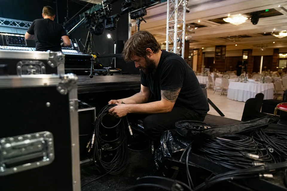 Technik nagłośnienia zwija kable na pustej scenie po zakończonej gali firmowej
