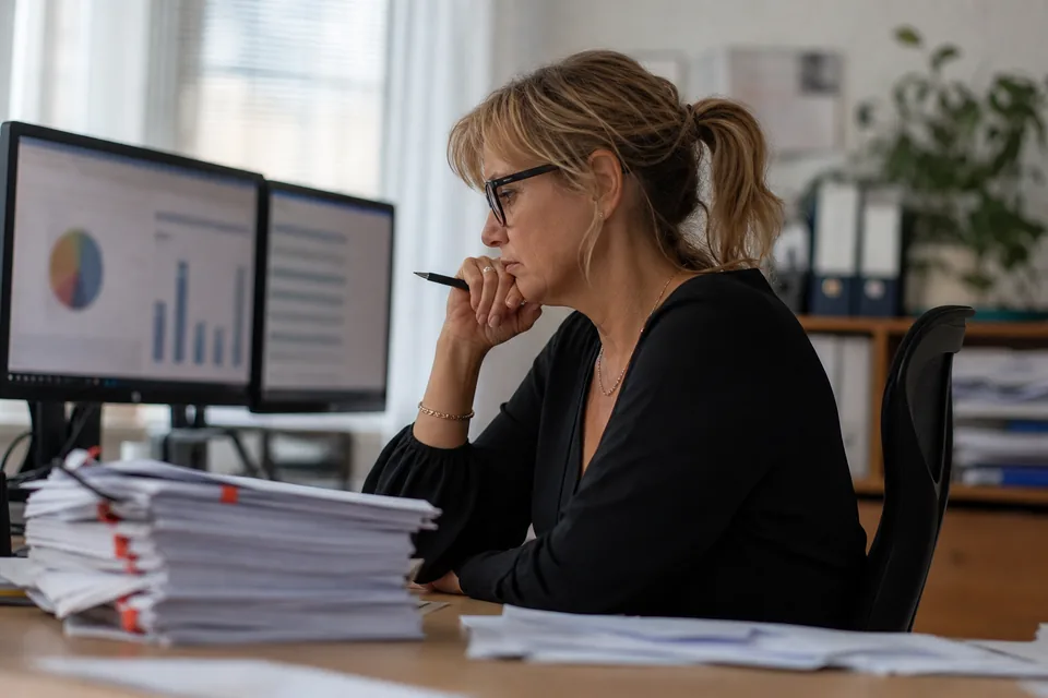Kierowniczka finansów przy dwóch monitorach decyduje, gdzie zgłosić zaległe faktury