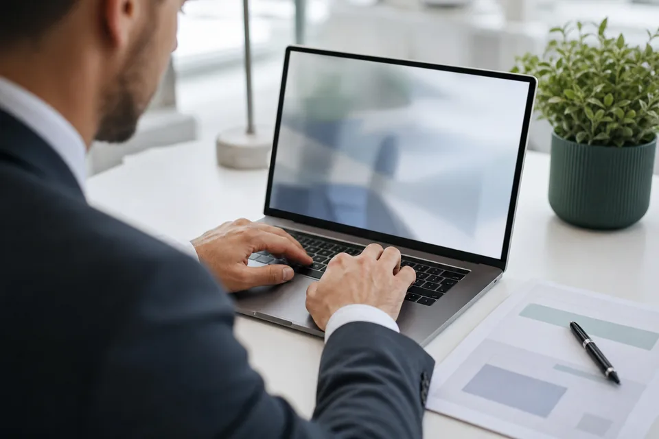 Dłonie wypełniają formularz na laptopie, obok faktura