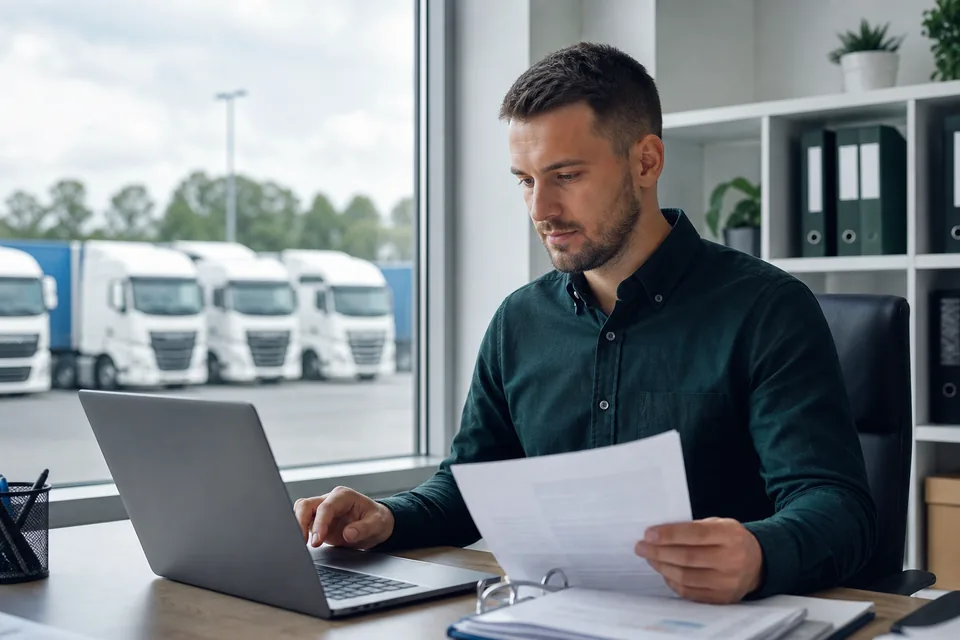 Spedytor przy biurku w firmie transportowej, za oknem plac z ciężarówkami